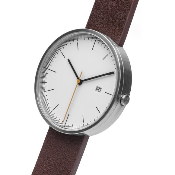 B202 SILVER/WHITE CALENDAR WATCH ON BROWN LEATHER - Picture 1 of 5